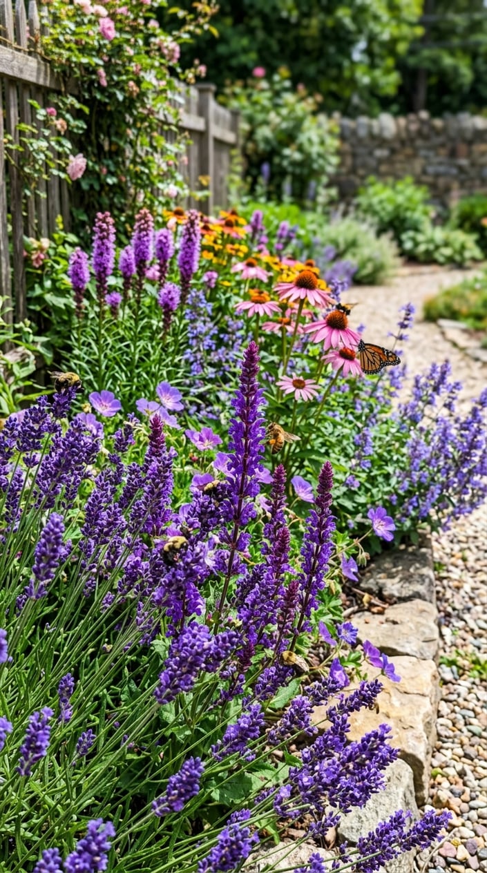 A corner garden with blooming lavender, salvia, and various bee-friendly flowers visited by bees.