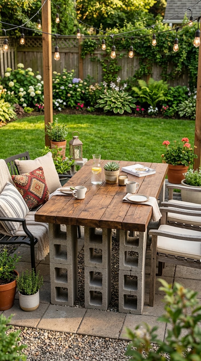 Outdoor backyard scene with a handmade table made of cinder blocks and wooden planks surrounded by seating and plants.