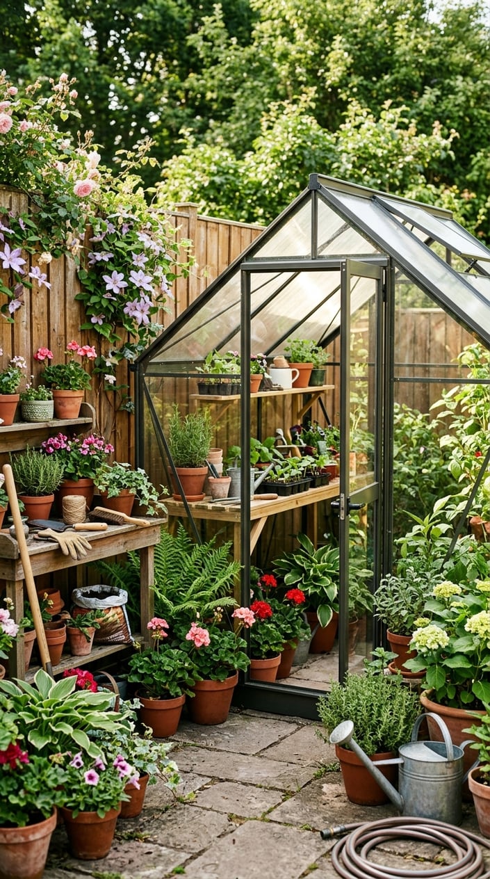 A bright garden corner with a mini walk-in greenhouse surrounded by green plants and flowers.