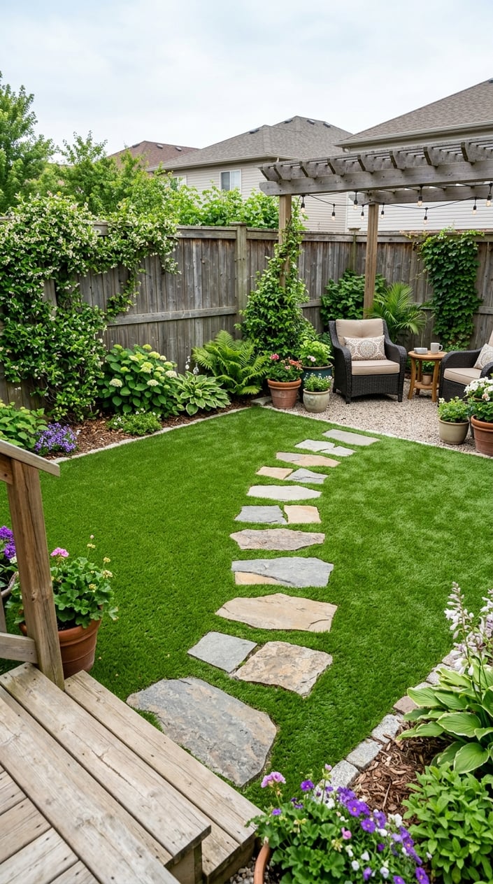 Backyard with artificial grass, stone stepping stones, potted plants, and outdoor seating area.