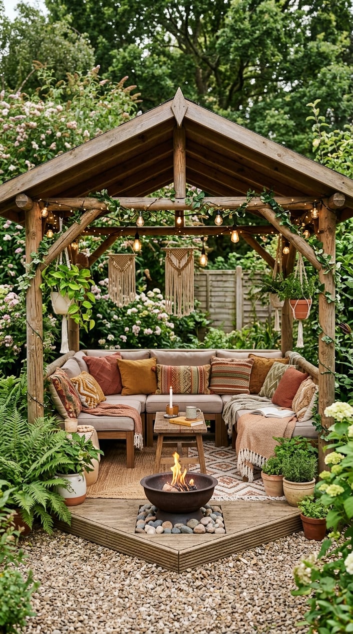 A backyard lounge area with a gazebo, patterned cushions on seating, and a small fire bowl in front.