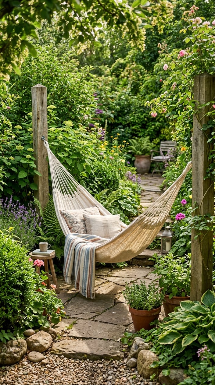 A hammock hanging between two wooden posts surrounded by dense green plants in a garden corner.