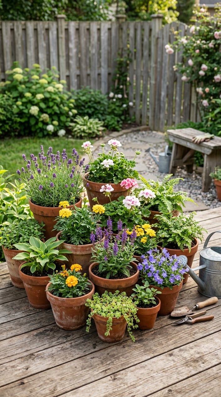 A backyard corner with terracotta pots filled with green plants and colorful flowers arranged on a wooden deck.