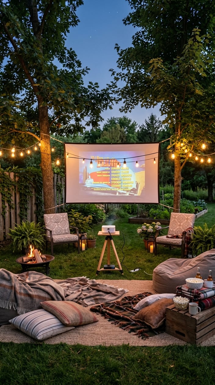 A backyard outdoor movie setup with a large screen, portable projector, string lights, and comfortable seating surrounded by plants.