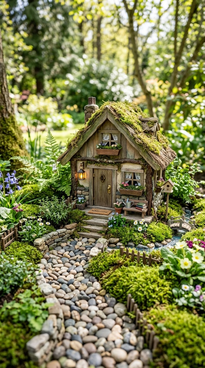 A small corner garden with a miniature house, green moss, and pebble paths surrounded by plants and flowers.