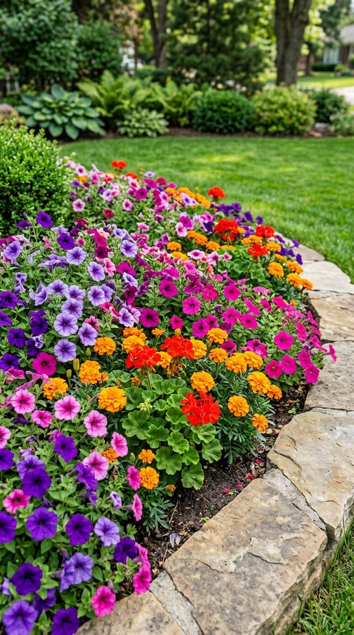 A colorful corner garden bed filled with petunias, marigolds, and geraniums in full bloom.