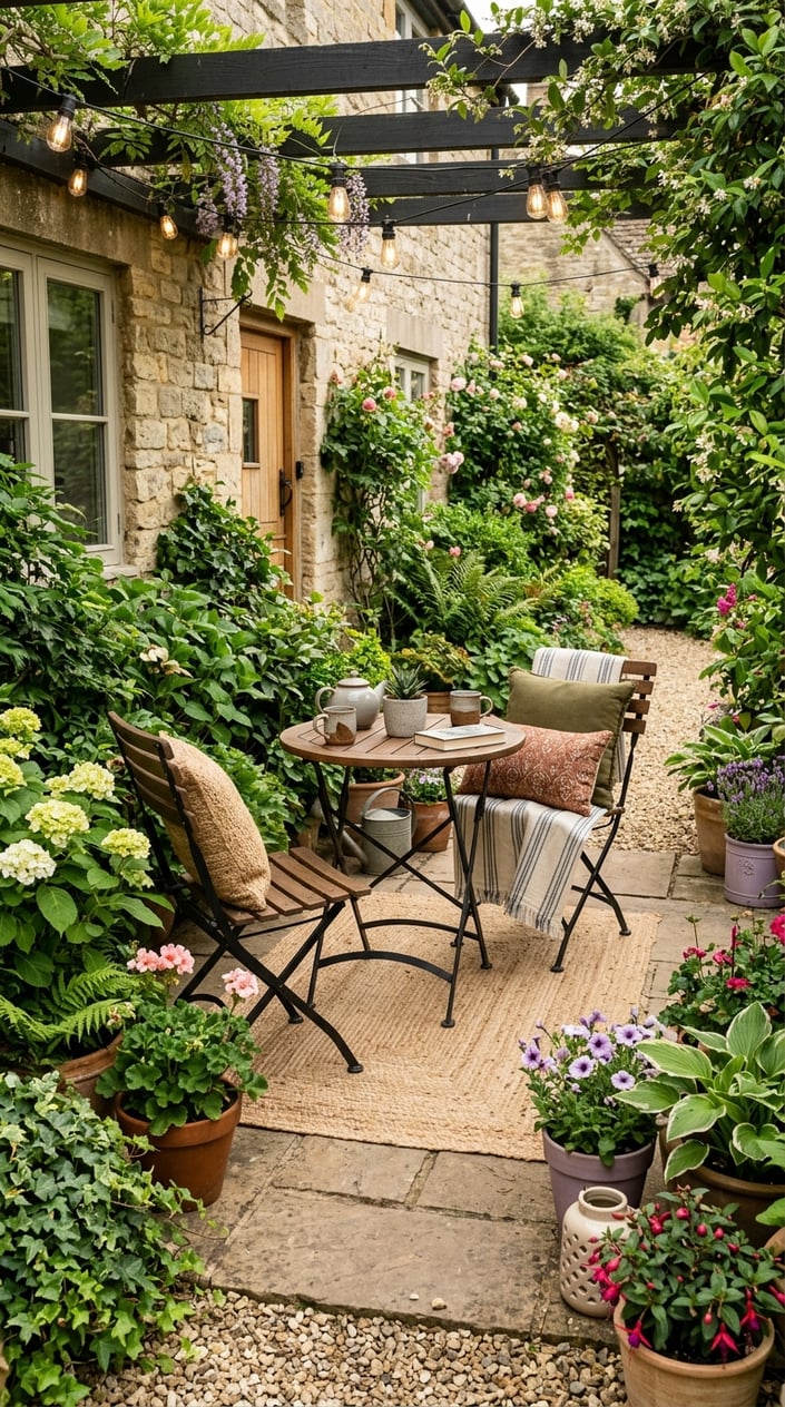 A small patio with a round table and two chairs surrounded by plants and flowers.