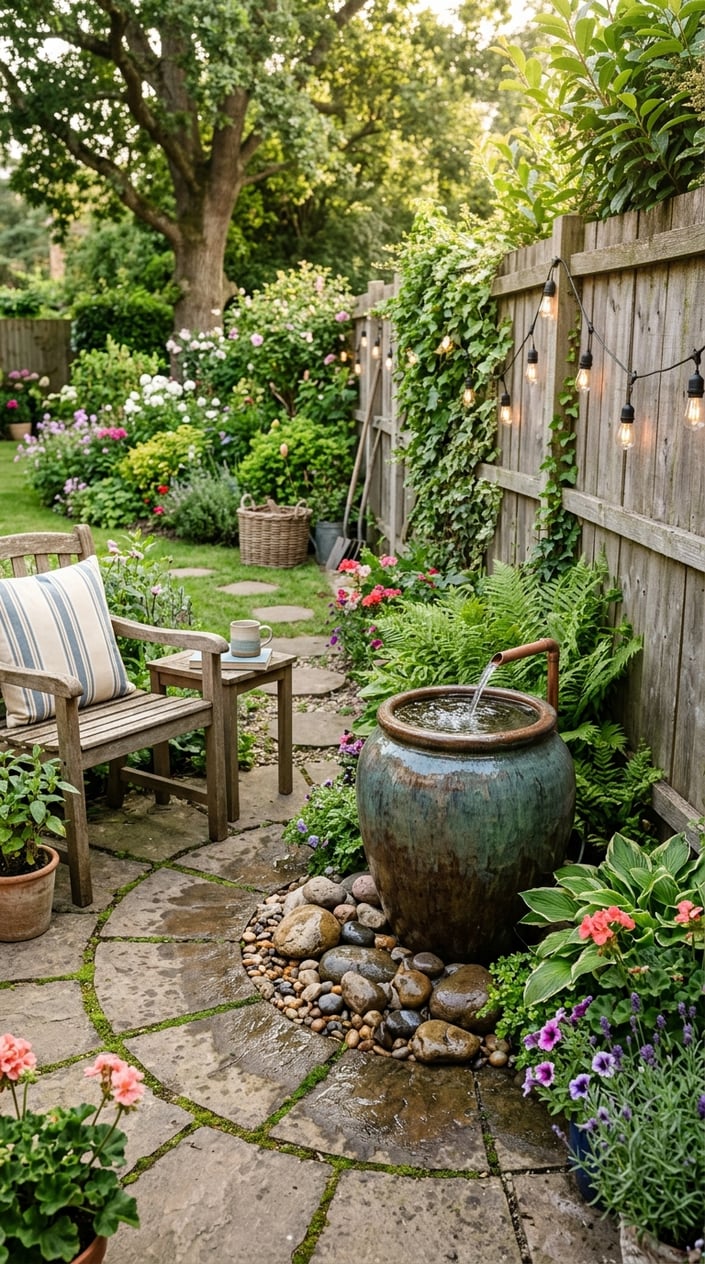 A backyard with a ceramic pot water fountain surrounded by plants and flowers.