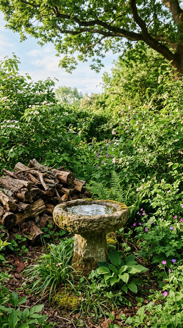 A garden corner with a bird bath, a pile of logs, and native green shrubs creating a natural wildlife habitat.