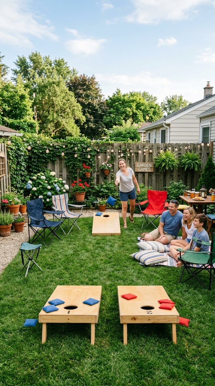 Backyard with two cornhole boards on grass and foldable chairs arranged around them.