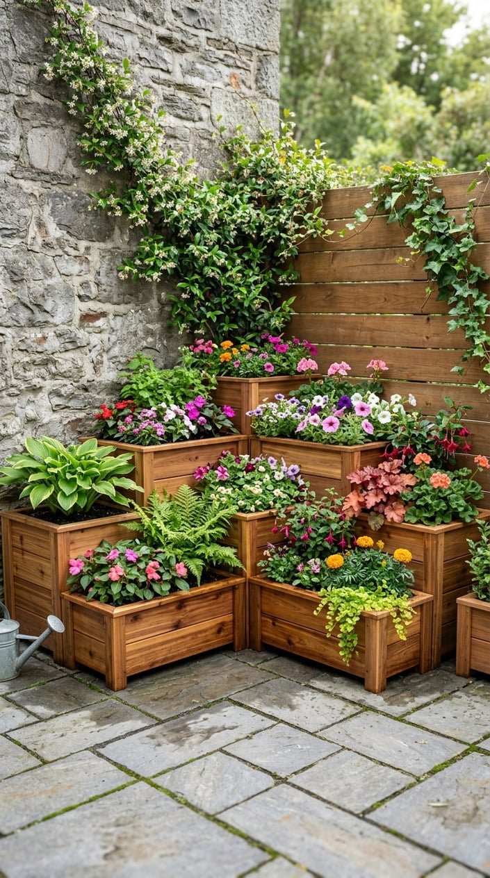 A corner garden display with cedar planter boxes filled with green plants and flowers on a paved ground.