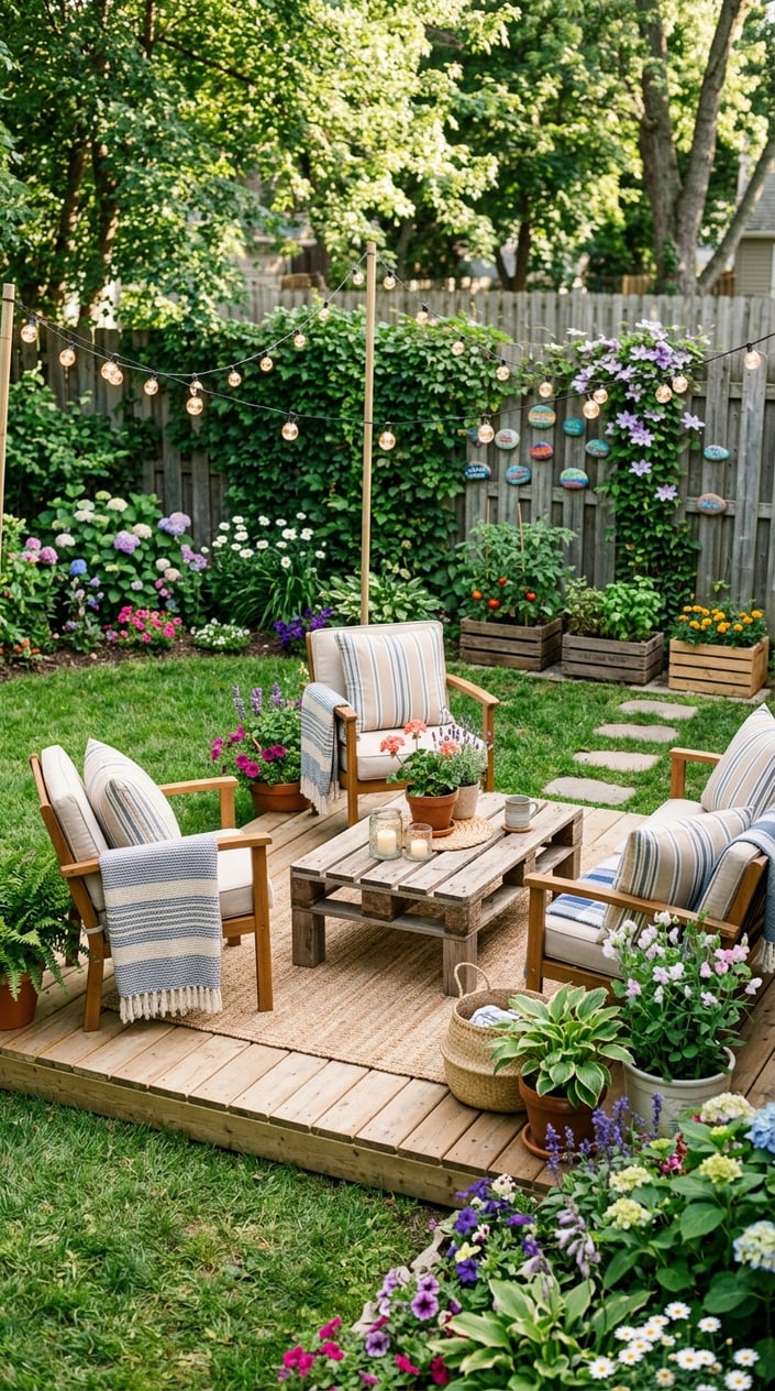 A cozy backyard with a small wooden deck, cushioned chairs, potted plants, string lights, and colorful flowers surrounded by green grass and a wooden fence.