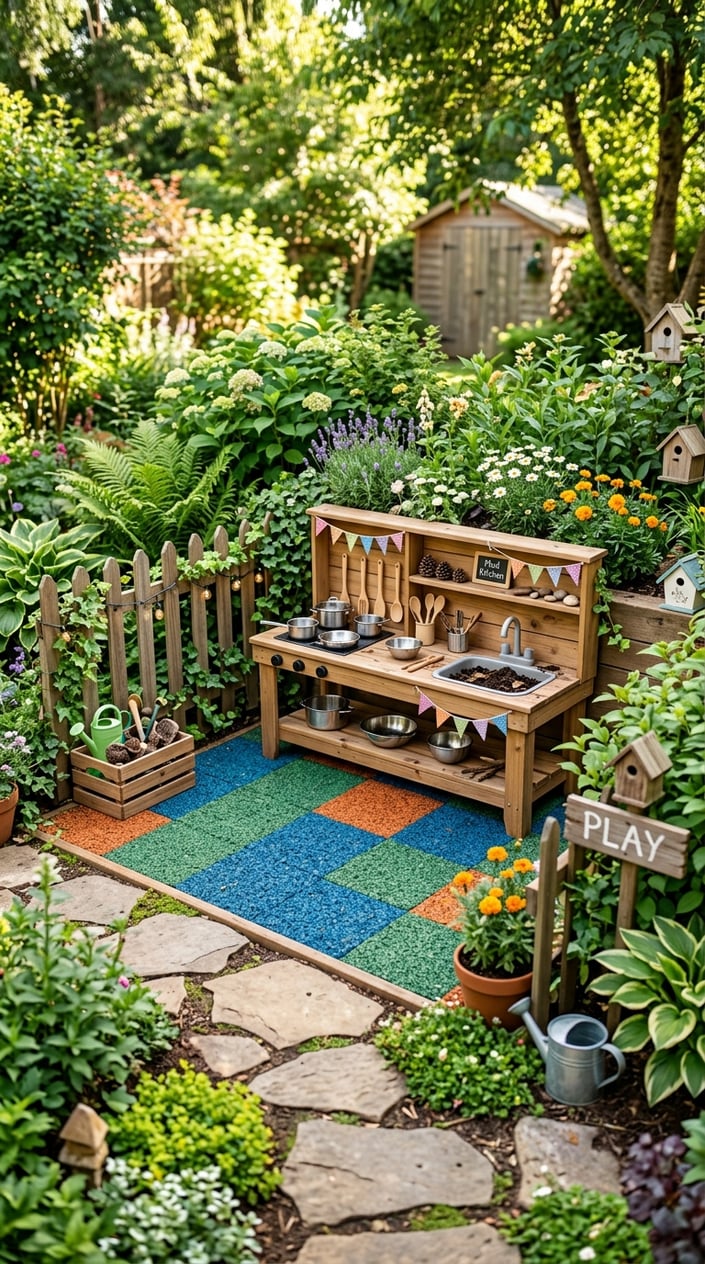 A children's outdoor play corner with a wooden mud kitchen and soft ground covering surrounded by plants and garden decorations.