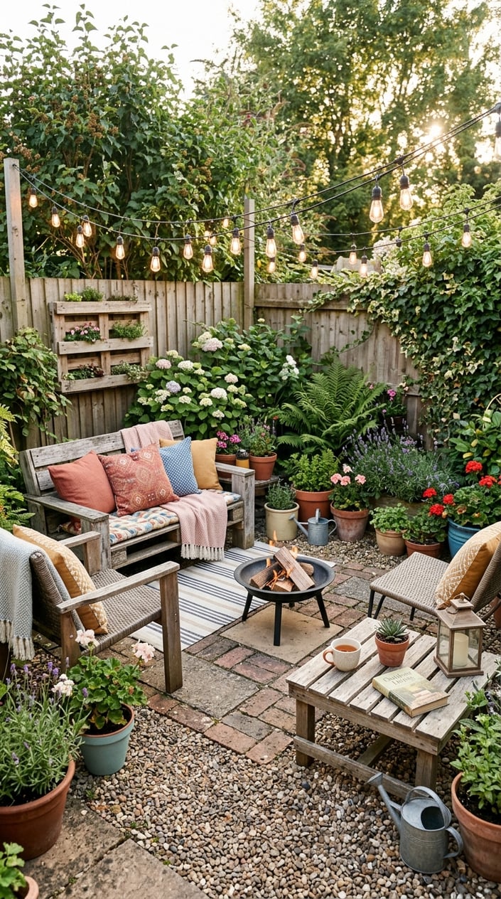 A small backyard with string lights, outdoor seating, a wooden table, plants, and a fire pit creating a cozy atmosphere.
