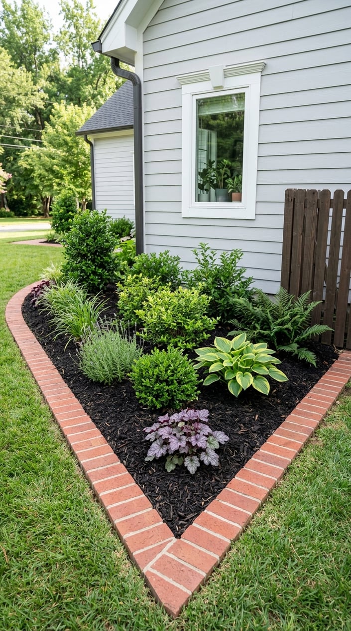 A corner garden beside a house with green plants growing in a bed covered with dark mulch and bordered by clean red bricks.