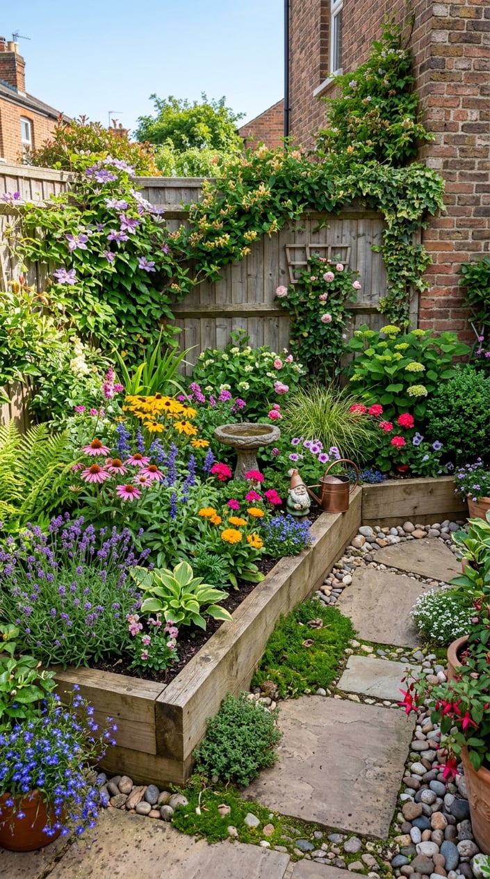 A colorful corner garden with various plants, flowers, and decorative elements arranged in a small outdoor space.