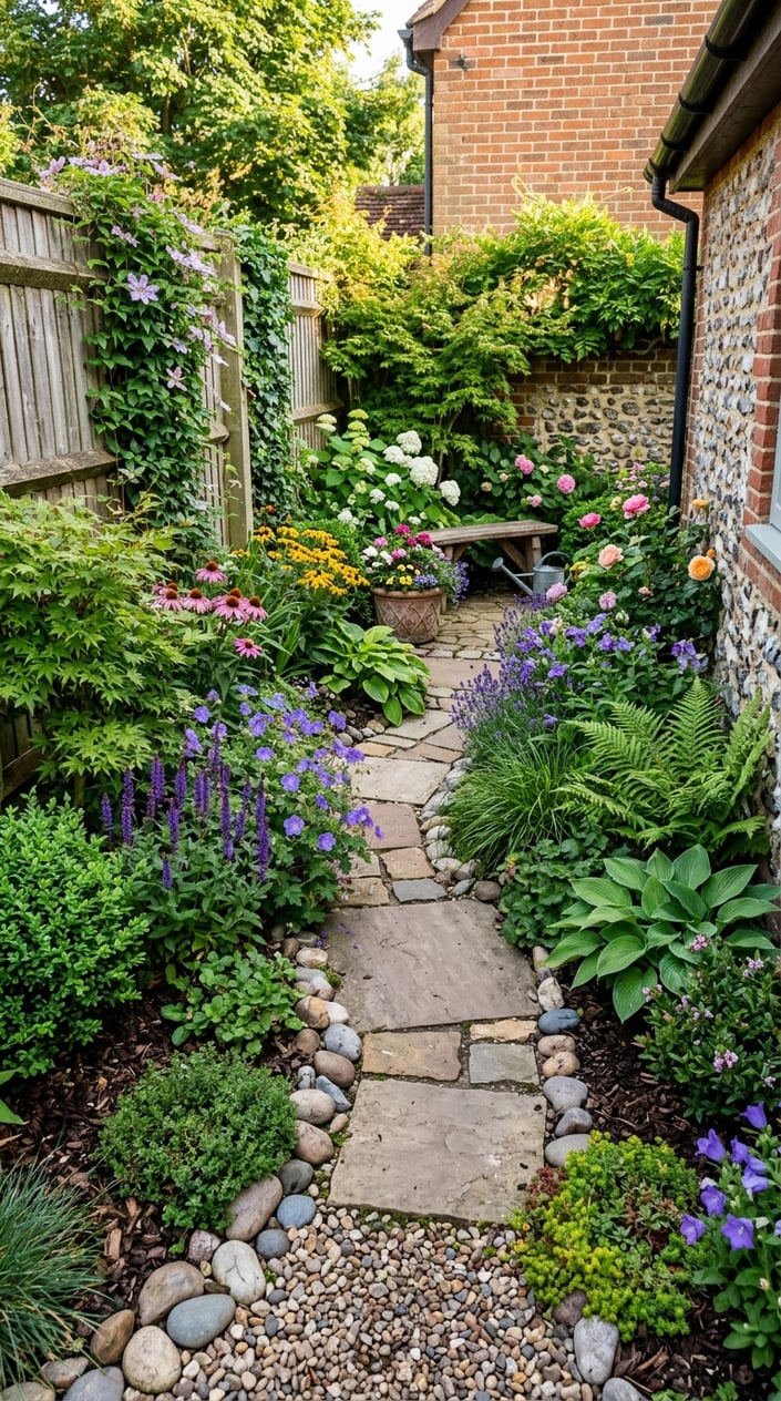 A vibrant corner garden with green plants, colorful flowers, decorative stones, and a winding pathway under natural sunlight.