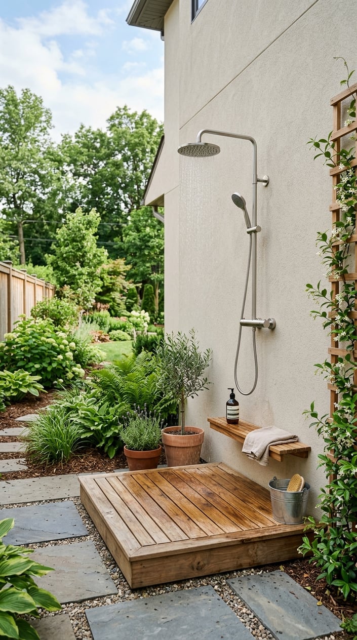 Outdoor wall-mounted shower attached to the side of a house with a teak wood slat platform beneath it and some plants nearby.
