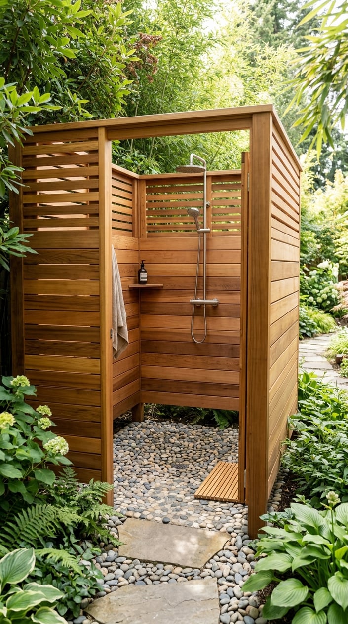 Private outdoor shower enclosure with horizontal cedar wood slats and a pebble floor surrounded by greenery.