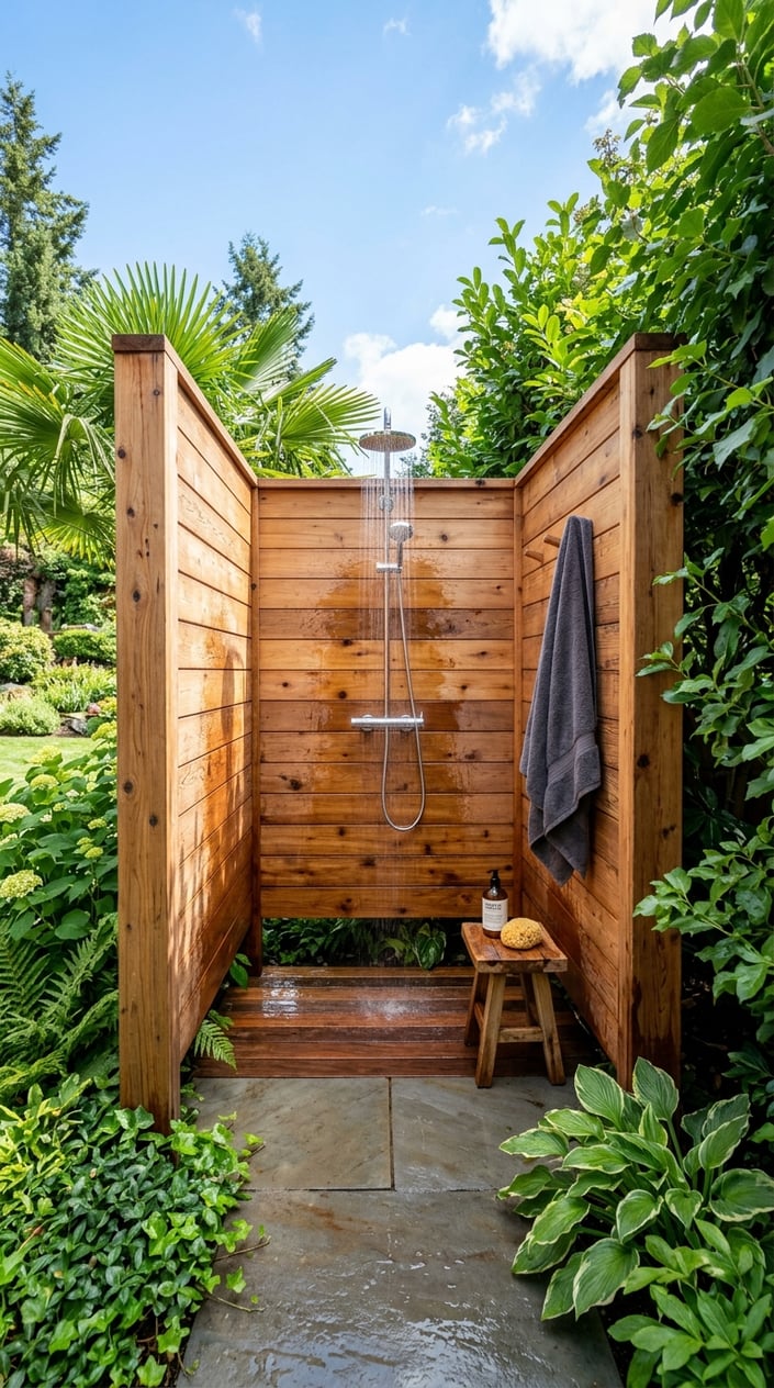 An outdoor shower enclosed by three cedar wood walls with an open sky above, surrounded by green plants.