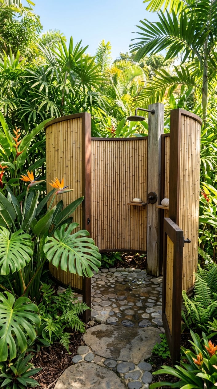 Outdoor shower enclosure with bamboo privacy screen surrounded by Monstera and Bird of Paradise plants.