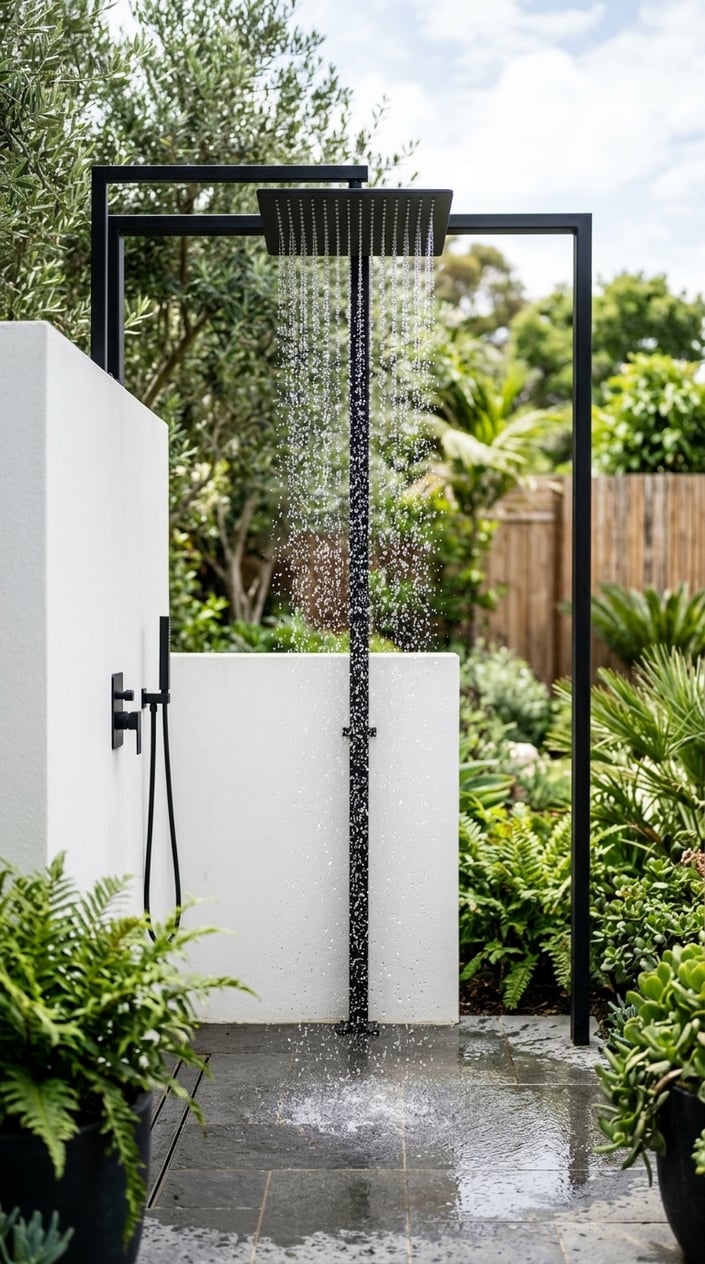 An outdoor rainfall shower with black metal framing and white stucco walls in a backyard setting.
