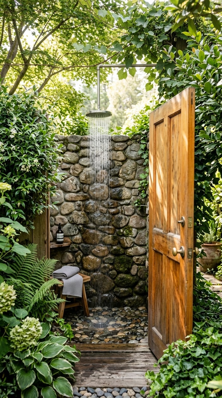 Outdoor shower area with a stone wall and a wooden privacy door surrounded by green plants.