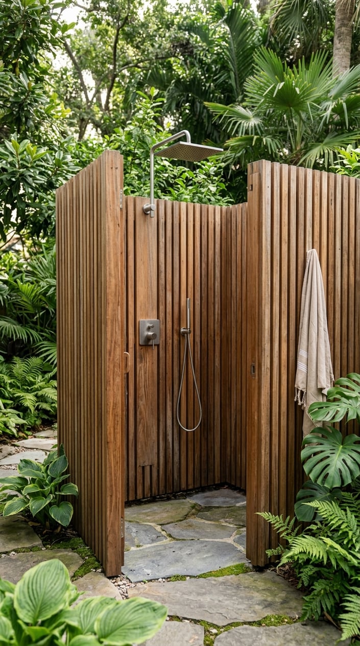 A private outdoor shower enclosure made of vertical teak wood slats with stainless steel shower fixtures surrounded by greenery.
