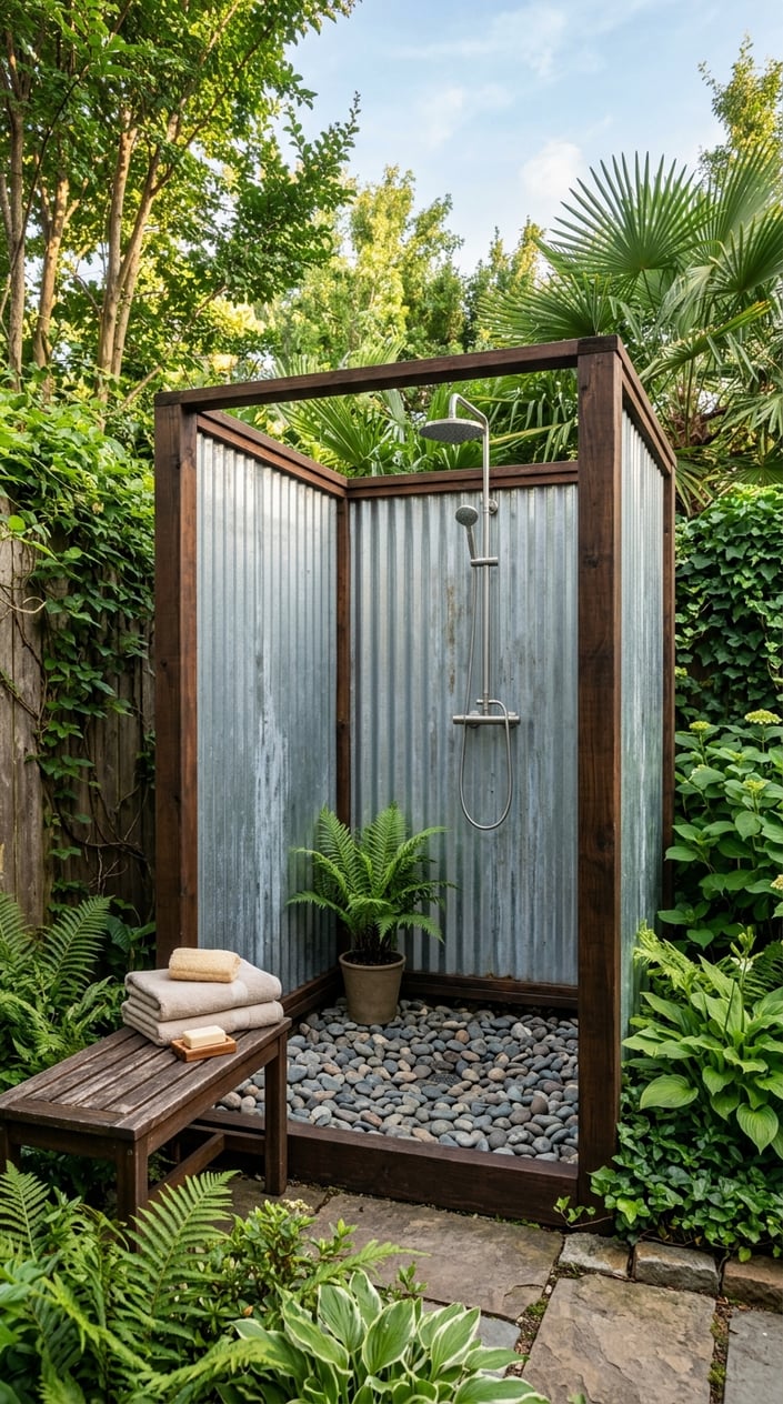 Outdoor shower enclosure made of corrugated metal panels framed with dark wood, surrounded by green plants.