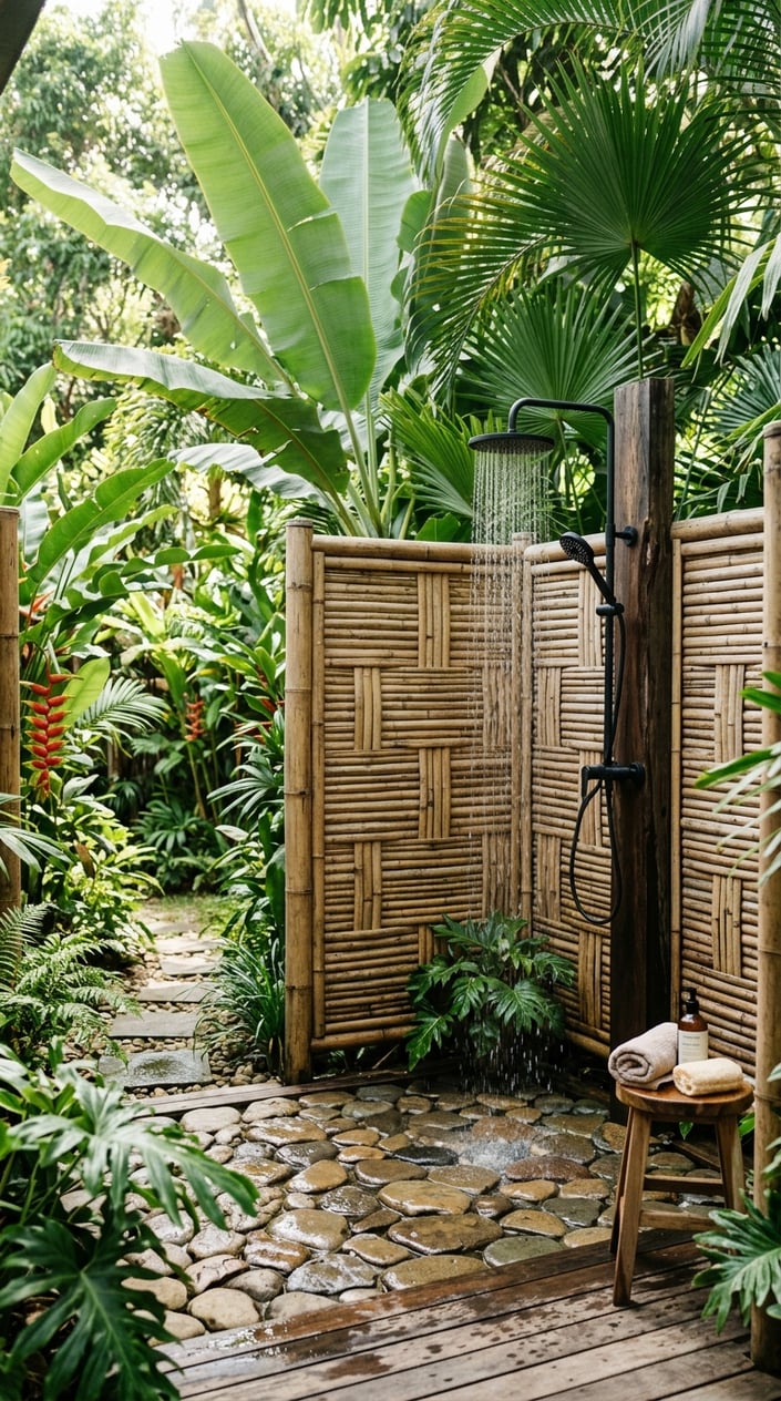 Outdoor bamboo screen shower surrounded by tropical plants in a garden corner.