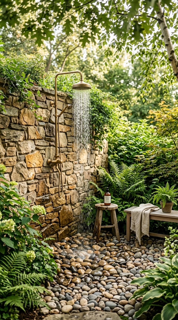 An outdoor shower with a stone wall backdrop and a river rock drainage bed surrounded by greenery.