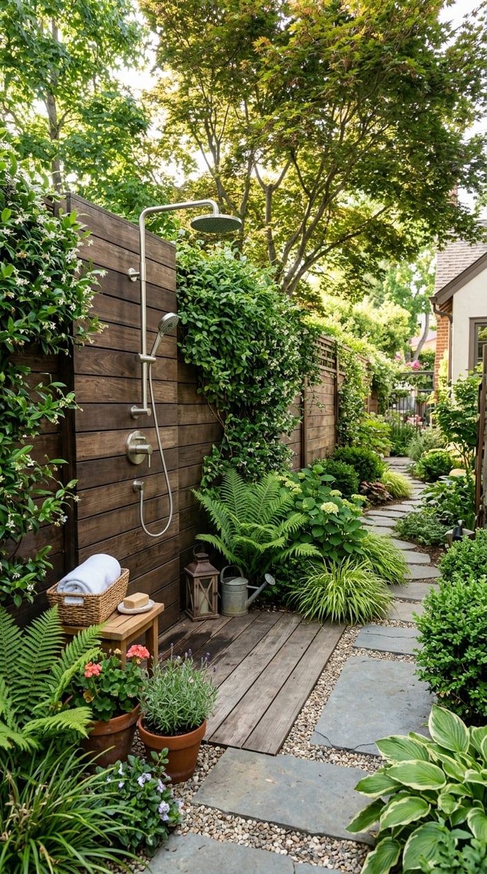A compact outdoor corner shower built into a small backyard fence surrounded by plants and wooden decking.