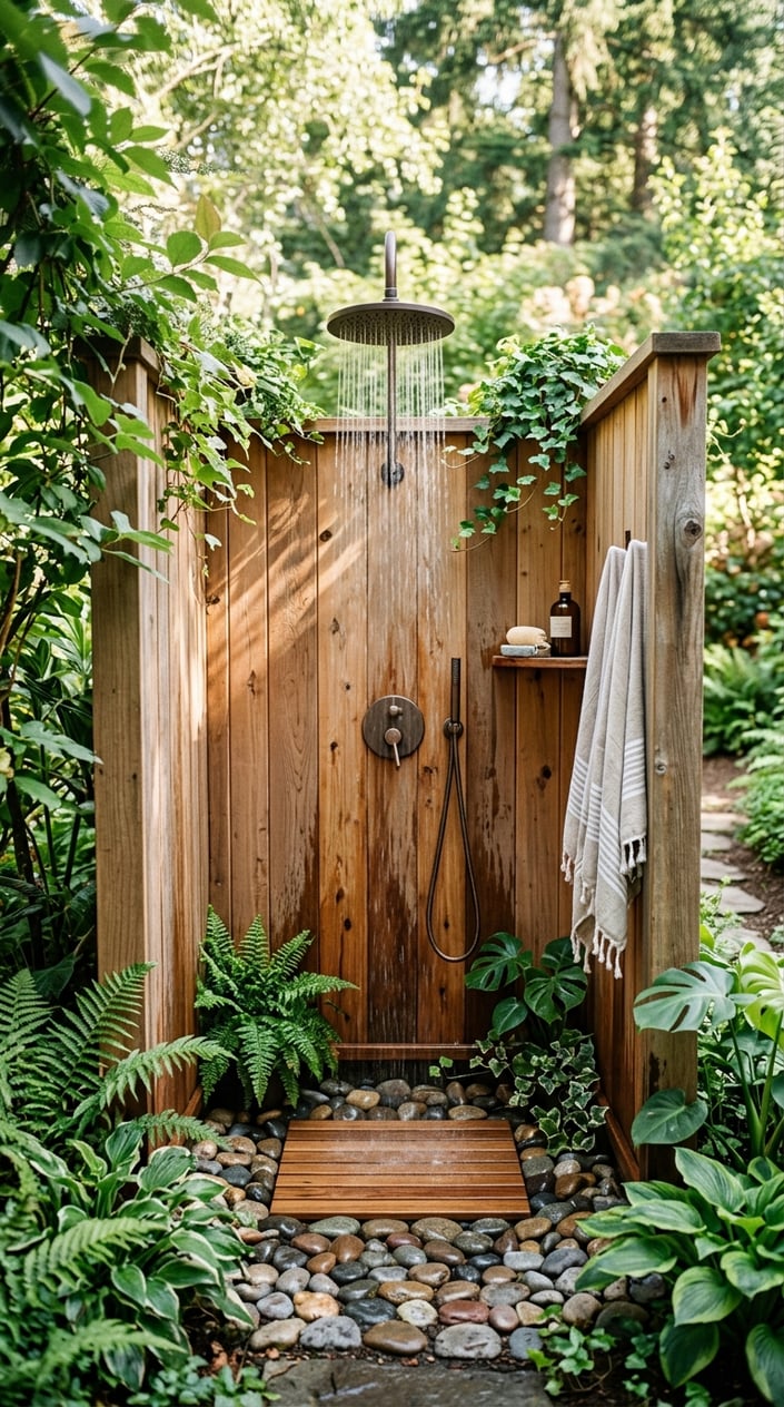 An outdoor shower area with cedar wood walls, a rainfall shower head, surrounded by green plants and stones.