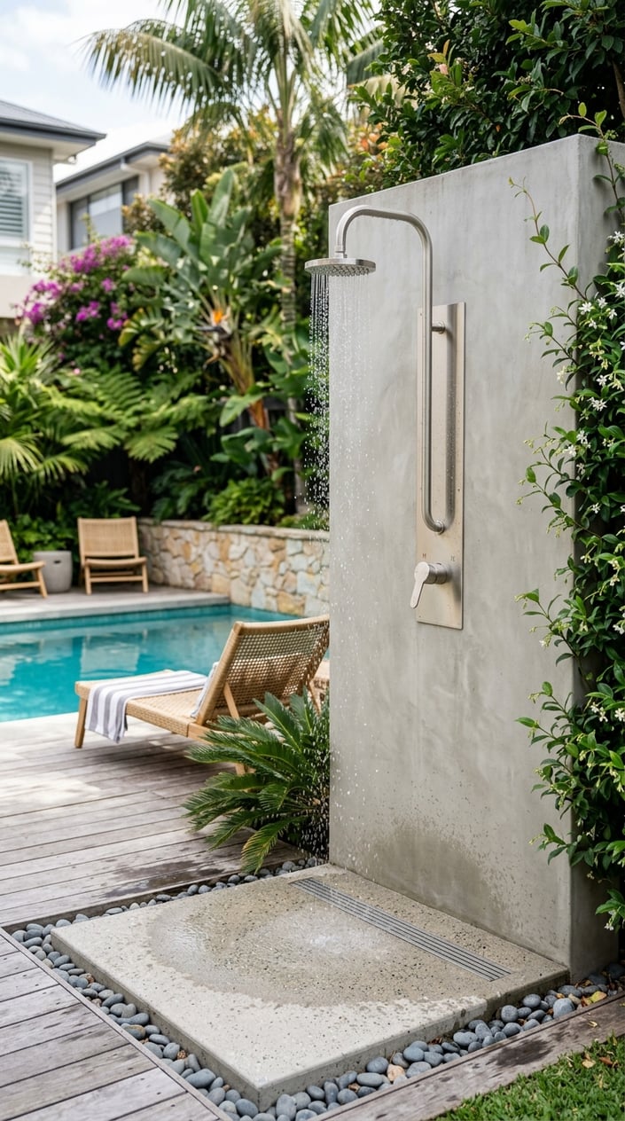 Outdoor poolside rinse station with a brushed nickel shower fixture mounted on a concrete pad surrounded by greenery.