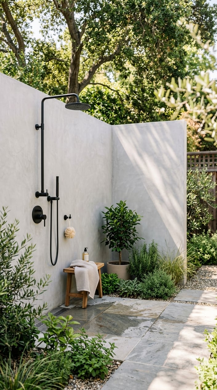 An outdoor shower enclosure with a concrete privacy wall and matte black shower fixtures surrounded by plants.
