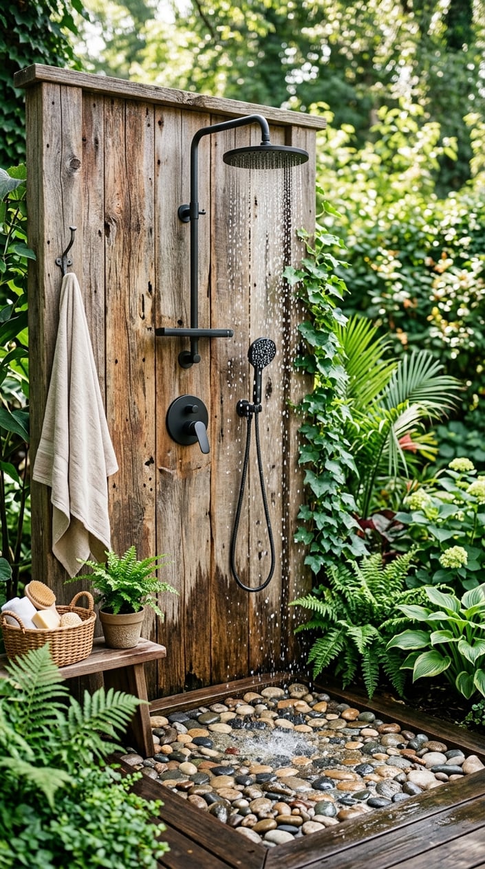 Outdoor shower with reclaimed wood backdrop and matte black shower fixtures in a green backyard.