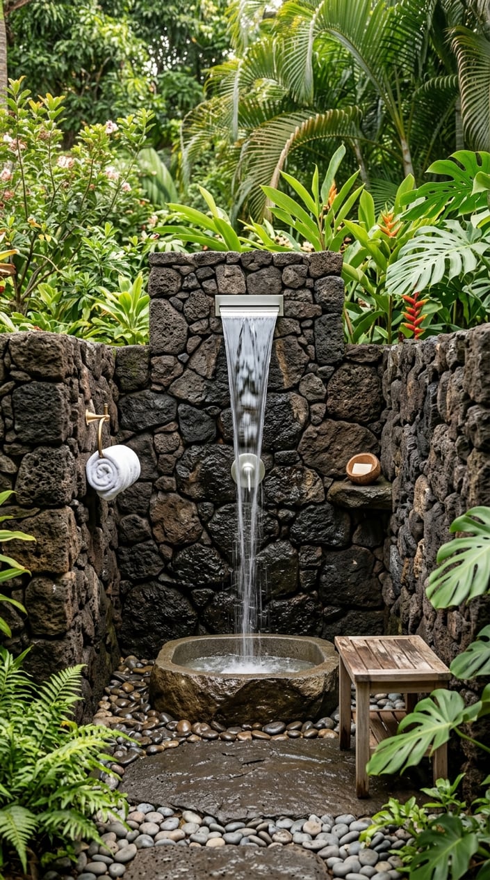 Private outdoor shower enclosed by dark lava rock walls with a waterfall shower feature and surrounding tropical plants.