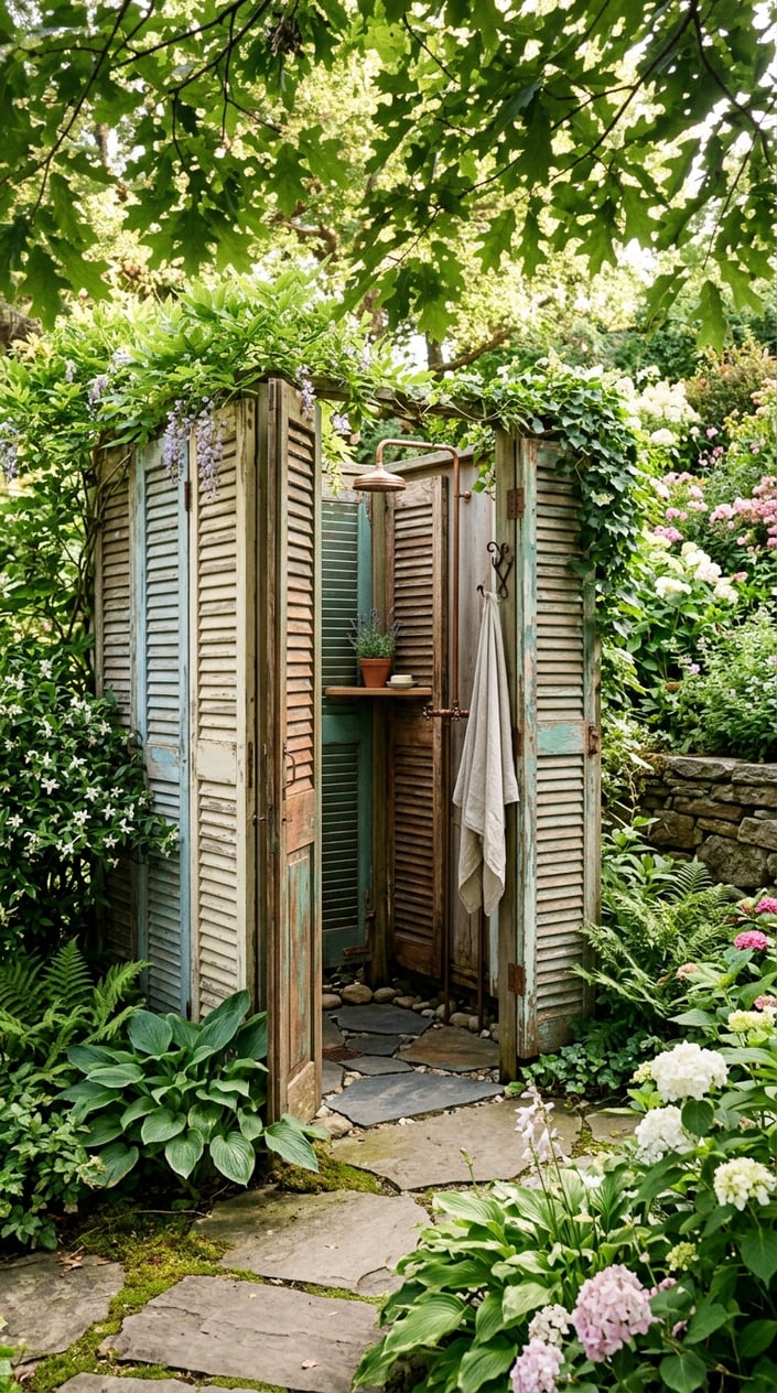 A private outdoor shower enclosure made from reclaimed wooden window shutters in a garden corner surrounded by plants and greenery.