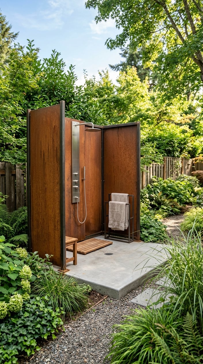 Outdoor shower enclosure with corten steel privacy panels surrounding a concrete pad in a backyard setting.