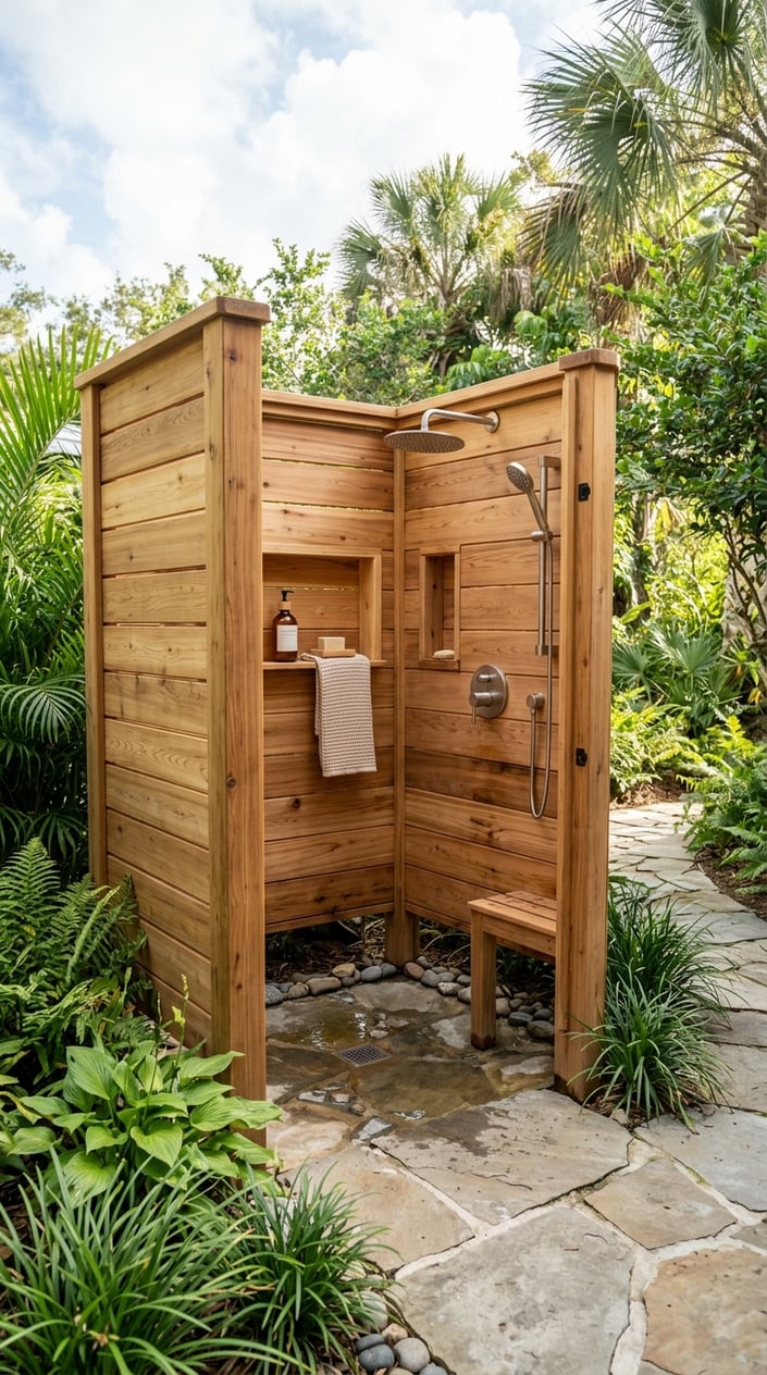 Outdoor shower enclosure made of cedar wood slats with built-in shelves, surrounded by greenery.
