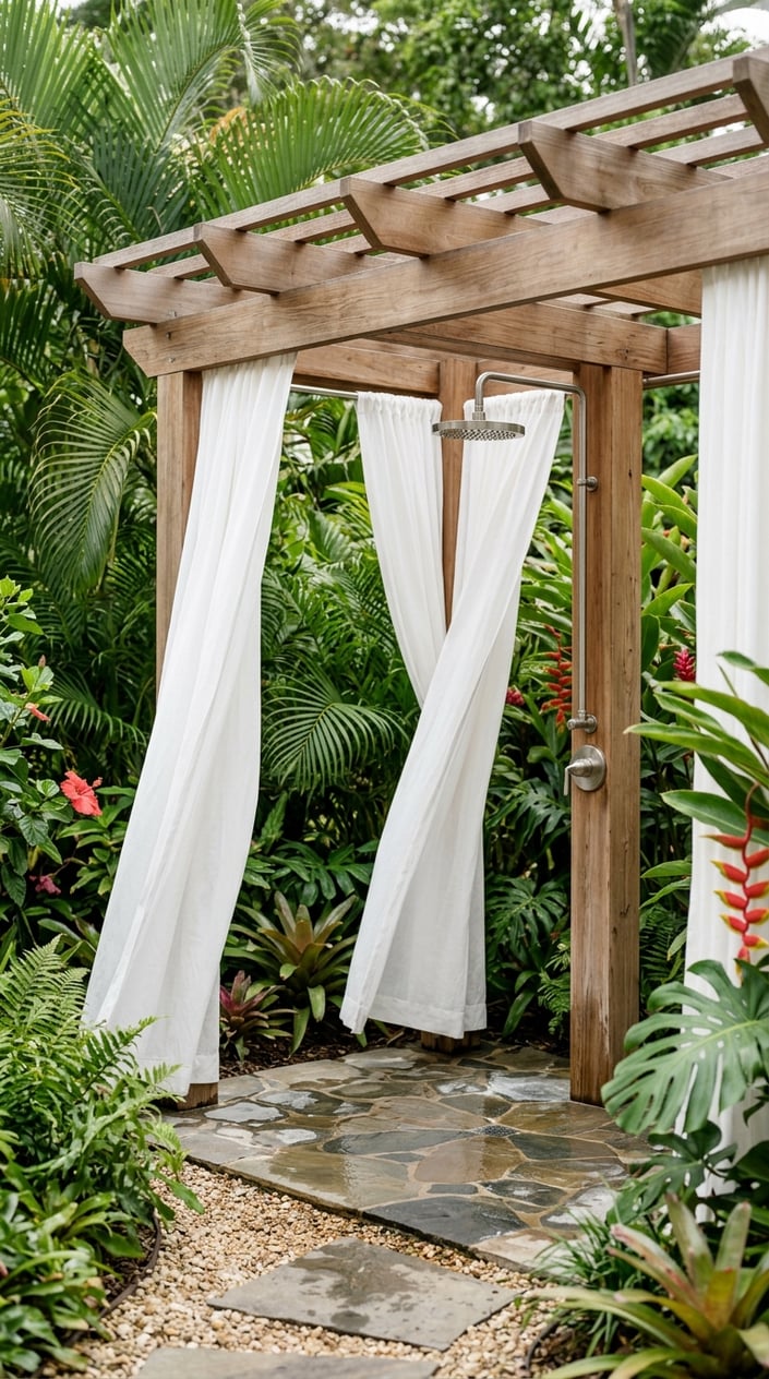 A private outdoor shower with a wooden pergola and flowing white curtains surrounded by green plants.