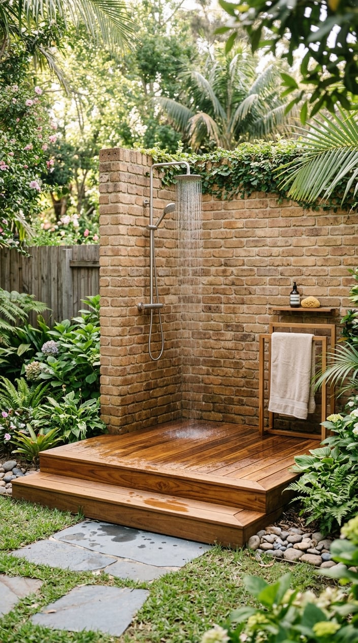 Outdoor shower with a brick privacy wall and raised teak wood deck surrounded by greenery in a backyard.