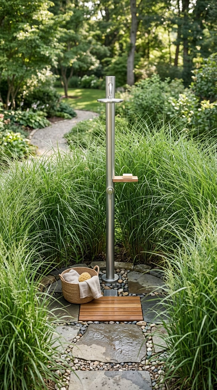 Outdoor shower with a simple post surrounded by tall ornamental grasses forming a privacy ring.