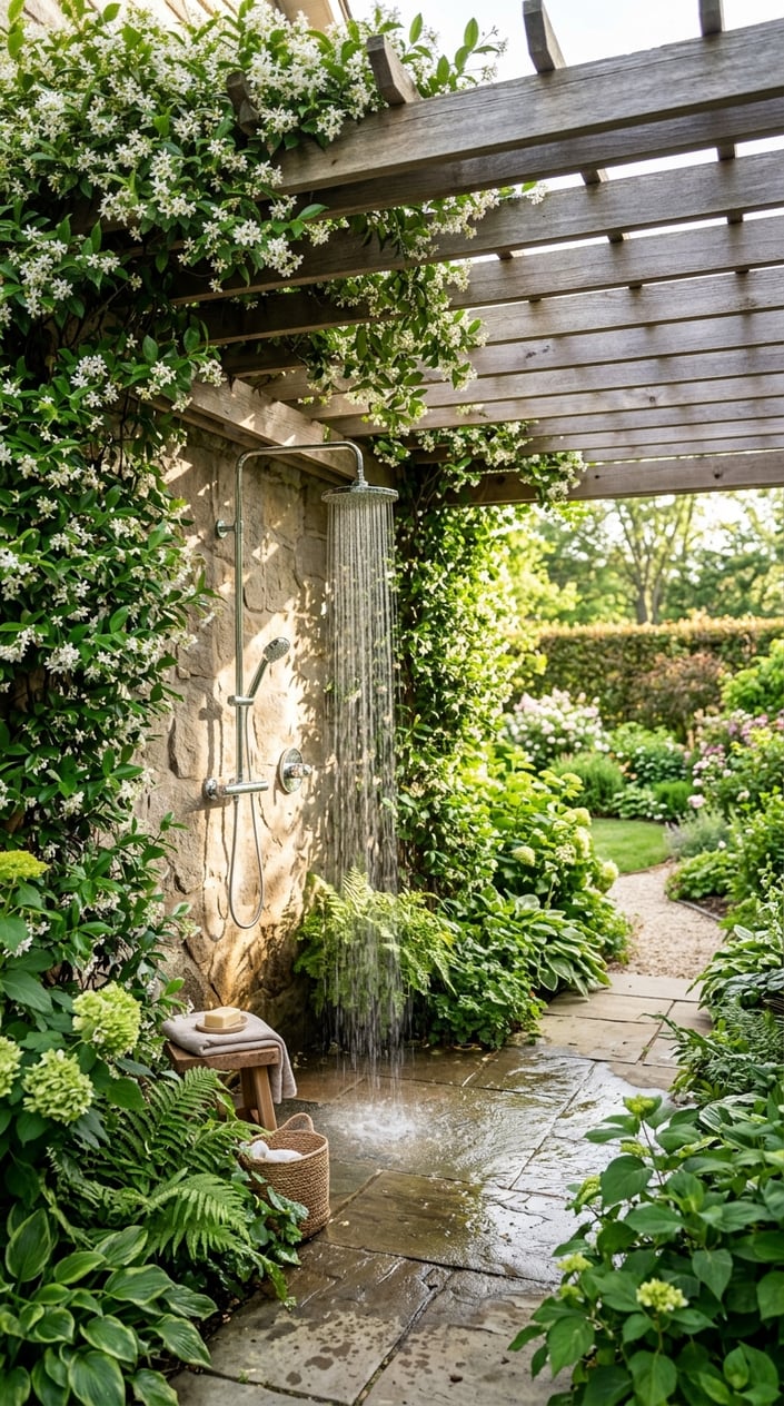An outdoor shower under a wooden pergola covered with climbing jasmine plants in a garden setting.