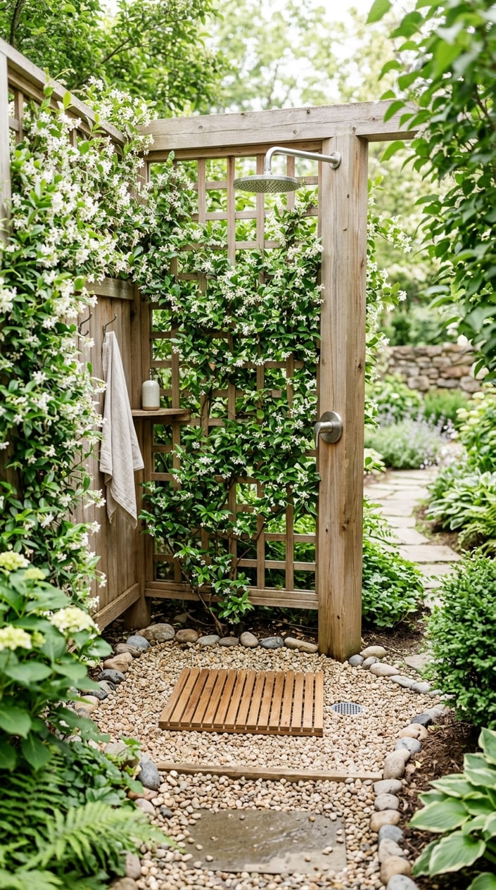 A private outdoor shower enclosure with a wooden trellis covered in climbing jasmine and gravel drainage on the ground.