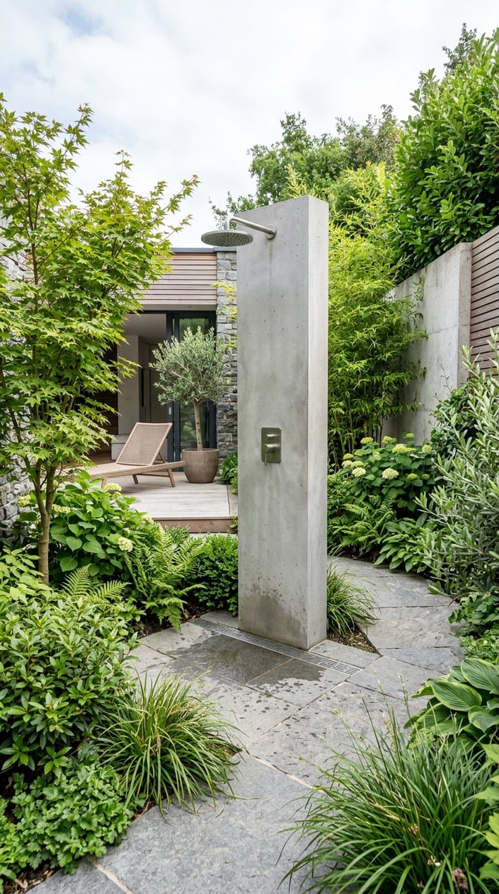A concrete outdoor shower column in a garden courtyard surrounded by green plants and stone flooring.
