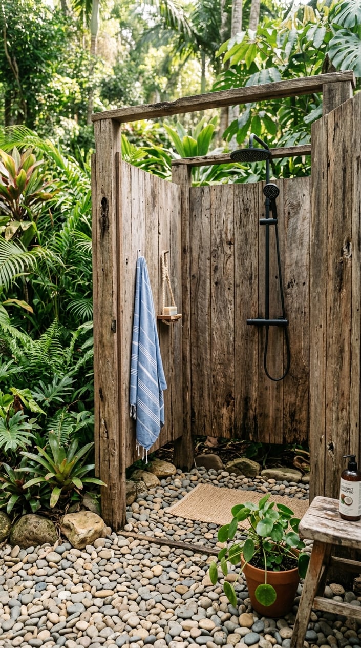 A private outdoor shower enclosure made of wooden walls with a pebble-covered floor surrounded by green plants.