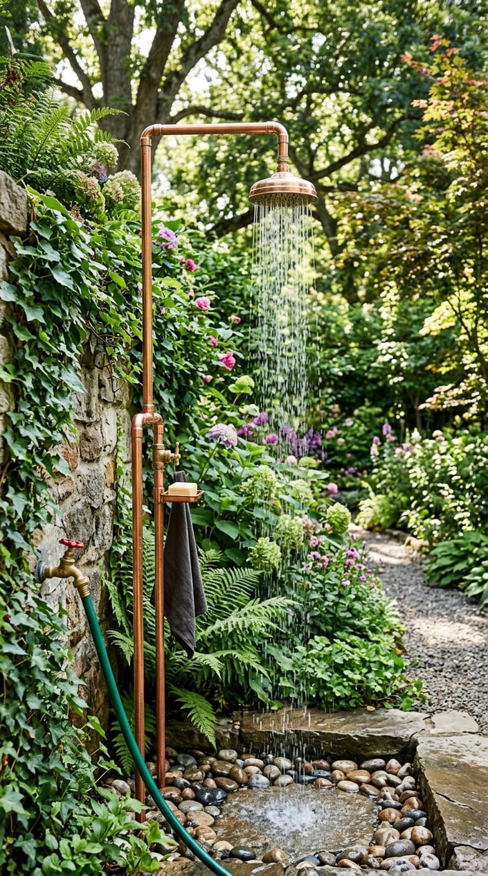 An outdoor garden shower made from copper pipes connected to a hose bib, with water flowing and surrounded by green plants.