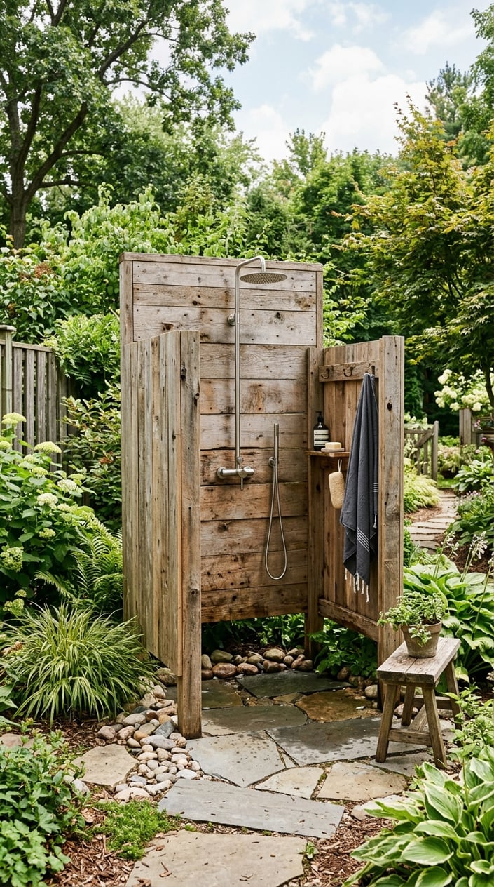 An outdoor shower enclosed by wooden pallet panels in a backyard surrounded by green plants and trees.