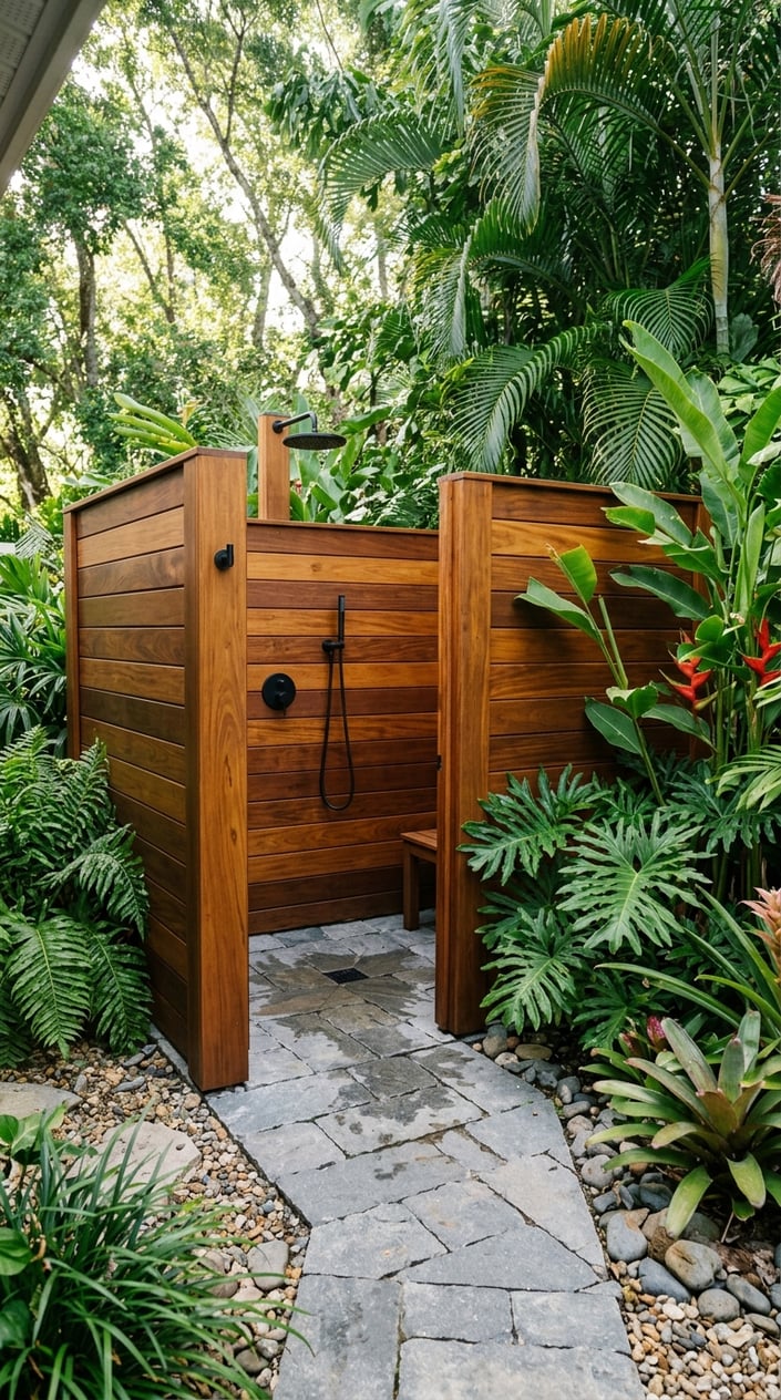 A private outdoor shower enclosure with a wooden privacy screen and stone pavers surrounded by green plants.